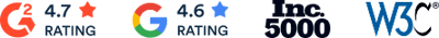 G2 rating 4.7 stars, Google rating 4.6 stars, Inc. 5000, W3C