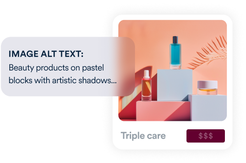 A display of beauty products arranged on pastel-colored blocks with artistic shadows. The image features a perfume bottle, a skincare jar, and a dropper bottle. Below the image, the text reads "Triple Care" alongside a price indicator with dollar signs ($$$). The image alt text describes the image as "Beauty products on pastel blocks with artistic shadows."