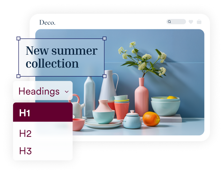 A browser window mockup showcasing a styled product display with ceramic vases, bowls, and fresh flowers on a blue background. Text overlay reads 'New summer collection,' with an editing interface highlighting the text as an H1 heading, alongside a dropdown menu displaying options for H1, H2, and H3
