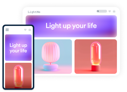 A responsive website design mockup for a brand named 'LightMe' featuring the slogan 'Light up your life' in bold white text on a vibrant gradient background. The desktop view displays three sections: the slogan, a glowing pink table lamp, and a cylindrical glowing light. The mobile view shows the same elements stacked vertically.