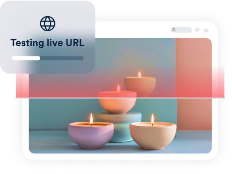A browser window mockup displaying an image of lit candles in pastel-colored bowls arranged in a pyramid on a soft gradient background. Overlaid is a floating UI element with an icon of a globe and the text 'Testing live URL' accompanied by a progress bar.