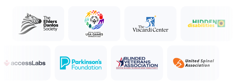 Logos of advisory organizations including The Ehlers Danlos Society, Move United, The Viscardi Center, Hidden Disabilities, accessLabs, Parkinson’s Foundation, Blinded Veterans Association, and United Spinal Association